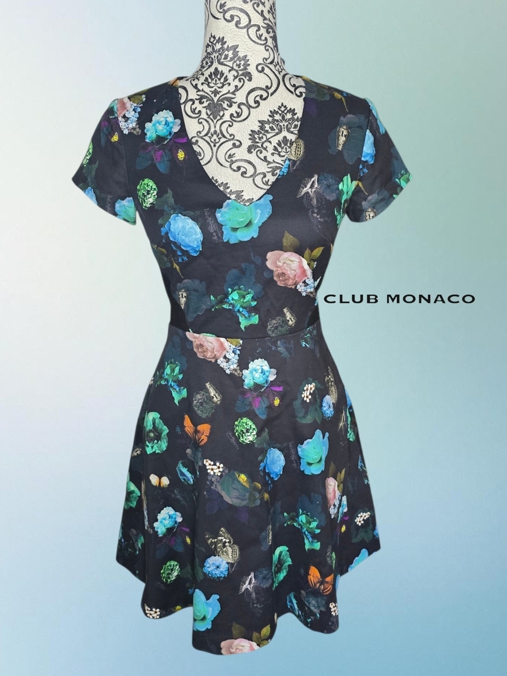 CLUB MONACO Black Floral V-Neck A-Line Dress - 00